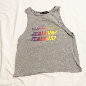 Grey Cropped Graphic Tee Rainbow “jealous”